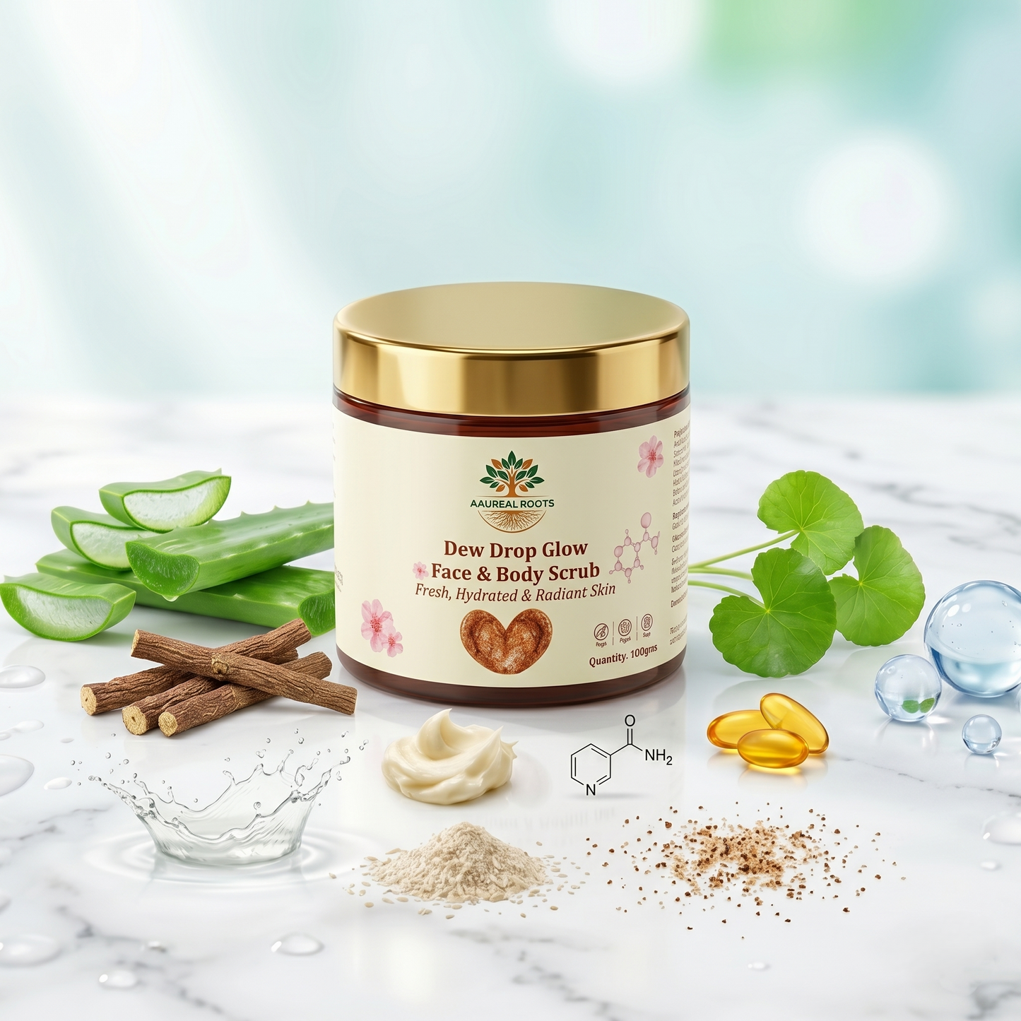 Aaureal Roots Dew Drop Glow Face & Body Scrub – Glass Glow Exfoliating Scrub with Niacinamide, Rice Bran, Hyaluronic Acid & Gotu Kola