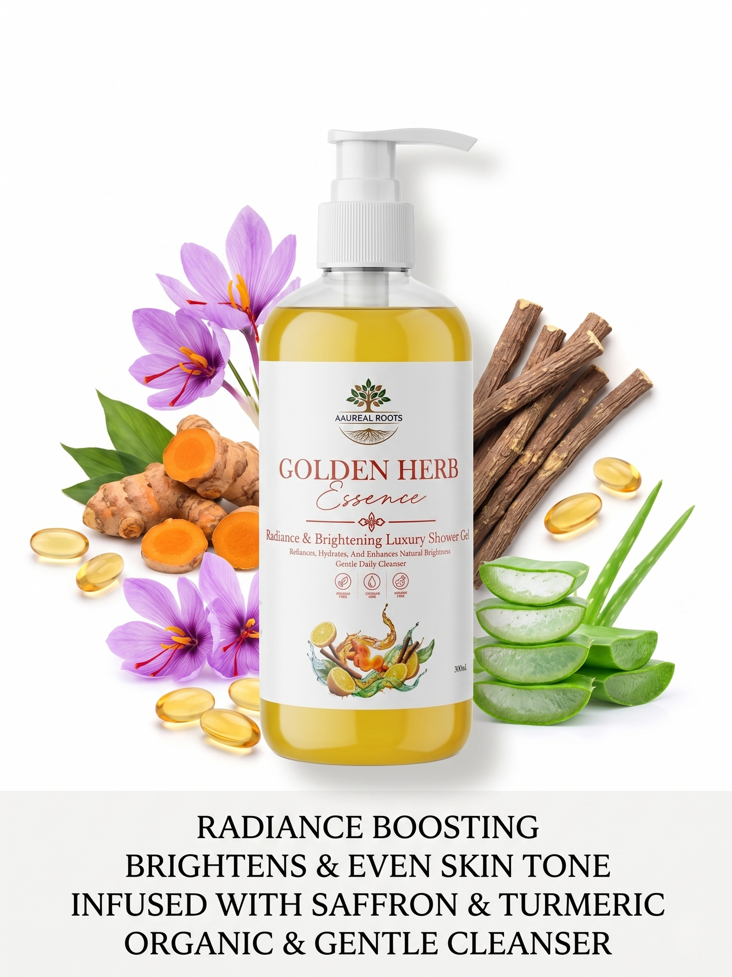 Golden Herb Essence Radiance & Brightening Shower Gel | Saffron & Turmeric Body Cleanser