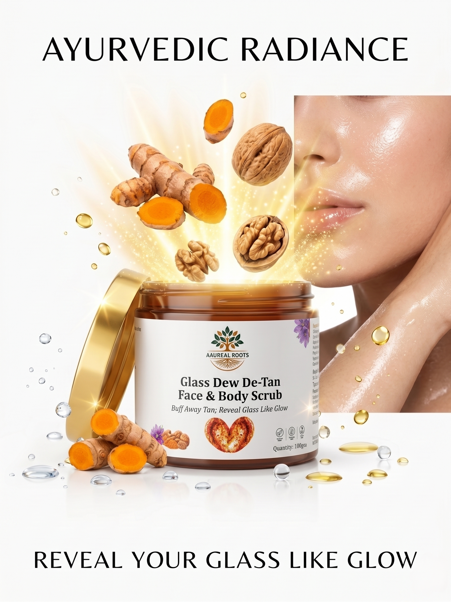 Aaureal Roots Glass Dew De-Tan Face & Body Scrub – Brightening Walnut Scrub with Niacinamide & Turmeric