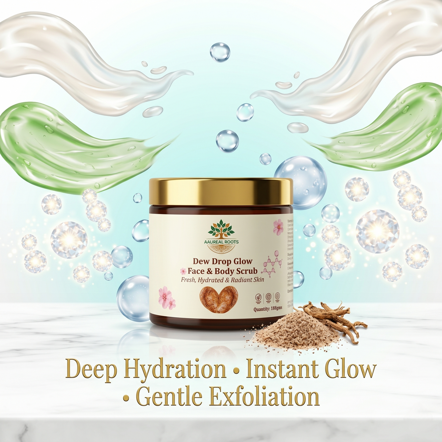 Aaureal Roots Dew Drop Glow Face & Body Scrub – Glass Glow Exfoliating Scrub with Niacinamide, Rice Bran, Hyaluronic Acid & Gotu Kola