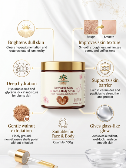 Aaureal Roots Dew Drop Glow Face & Body Scrub – Glass Glow Exfoliating Scrub with Niacinamide, Rice Bran, Hyaluronic Acid & Gotu Kola