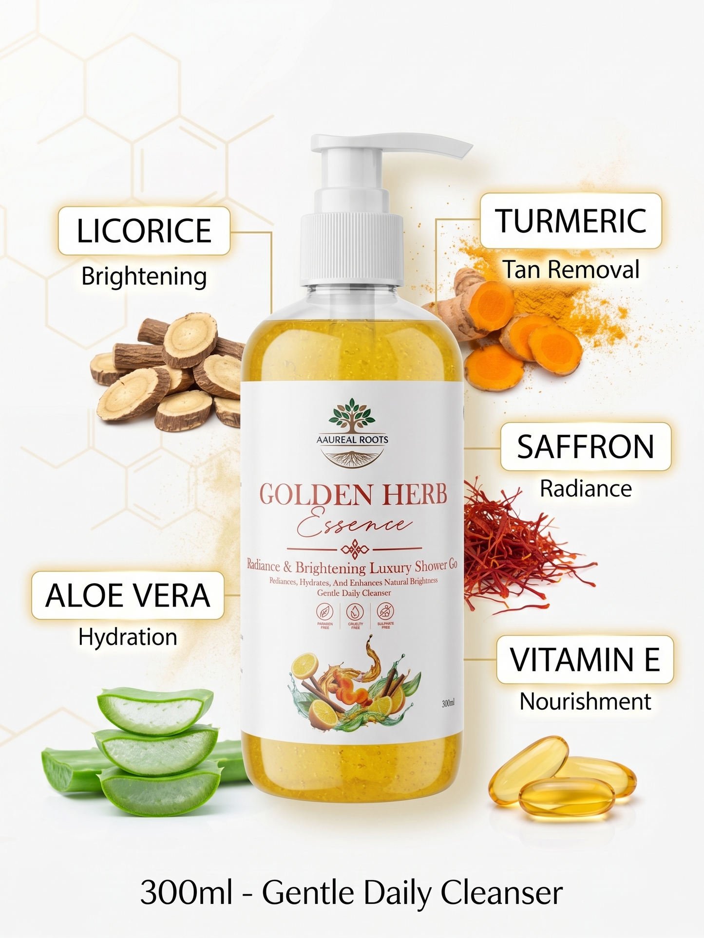 Golden Herb Essence Radiance & Brightening Shower Gel | Saffron & Turmeric Body Cleanser