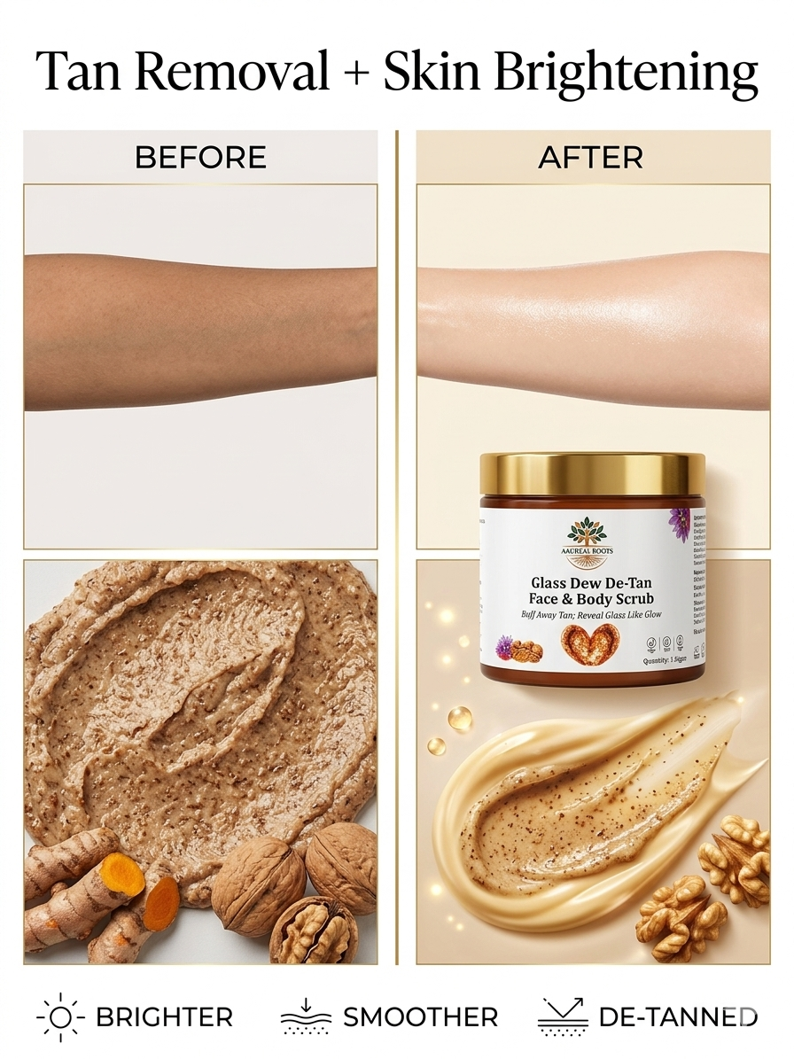 Aaureal Roots Glass Dew De-Tan Face & Body Scrub – Brightening Walnut Scrub with Niacinamide & Turmeric