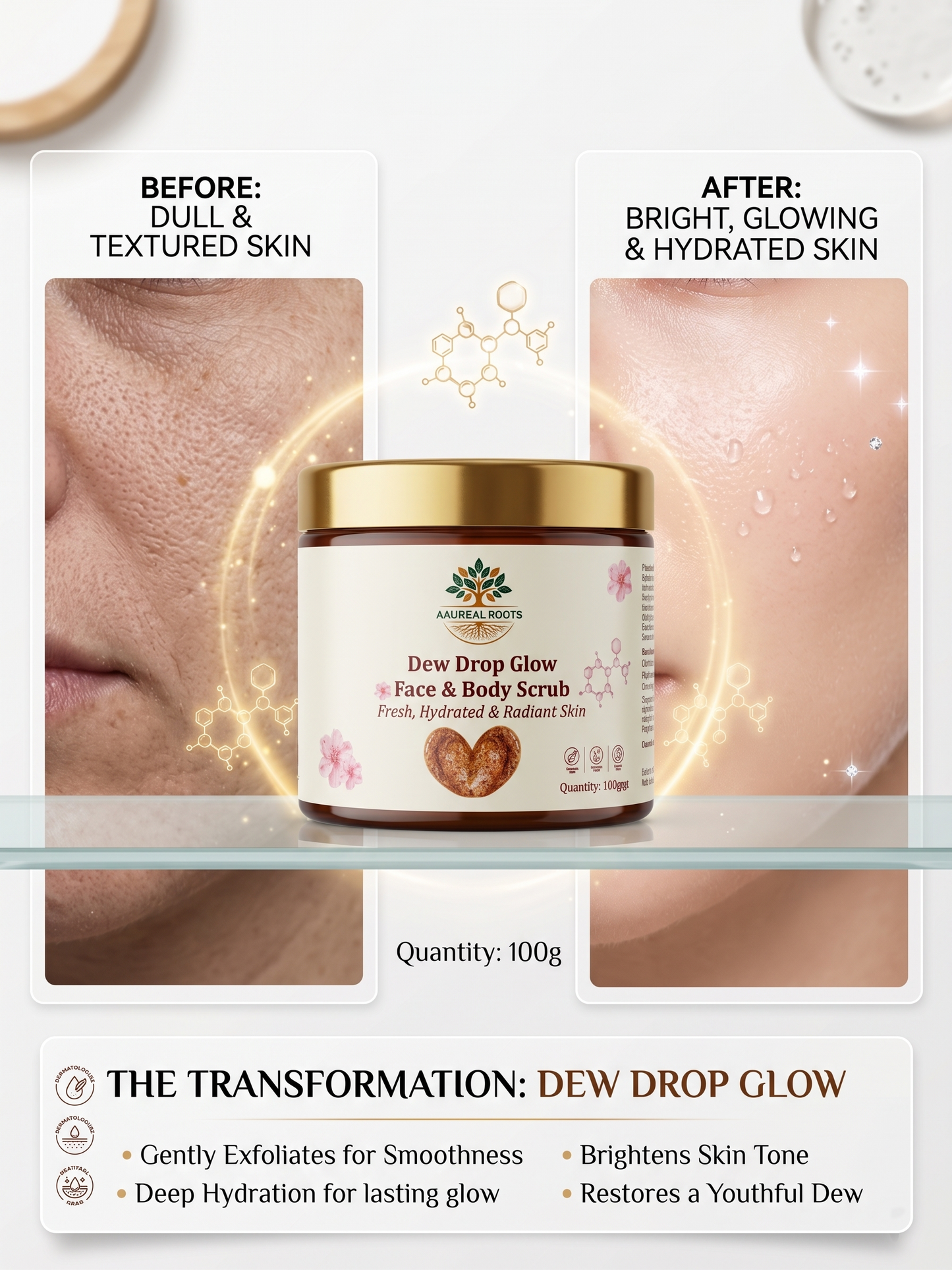 Aaureal Roots Dew Drop Glow Face & Body Scrub – Glass Glow Exfoliating Scrub with Niacinamide, Rice Bran, Hyaluronic Acid & Gotu Kola