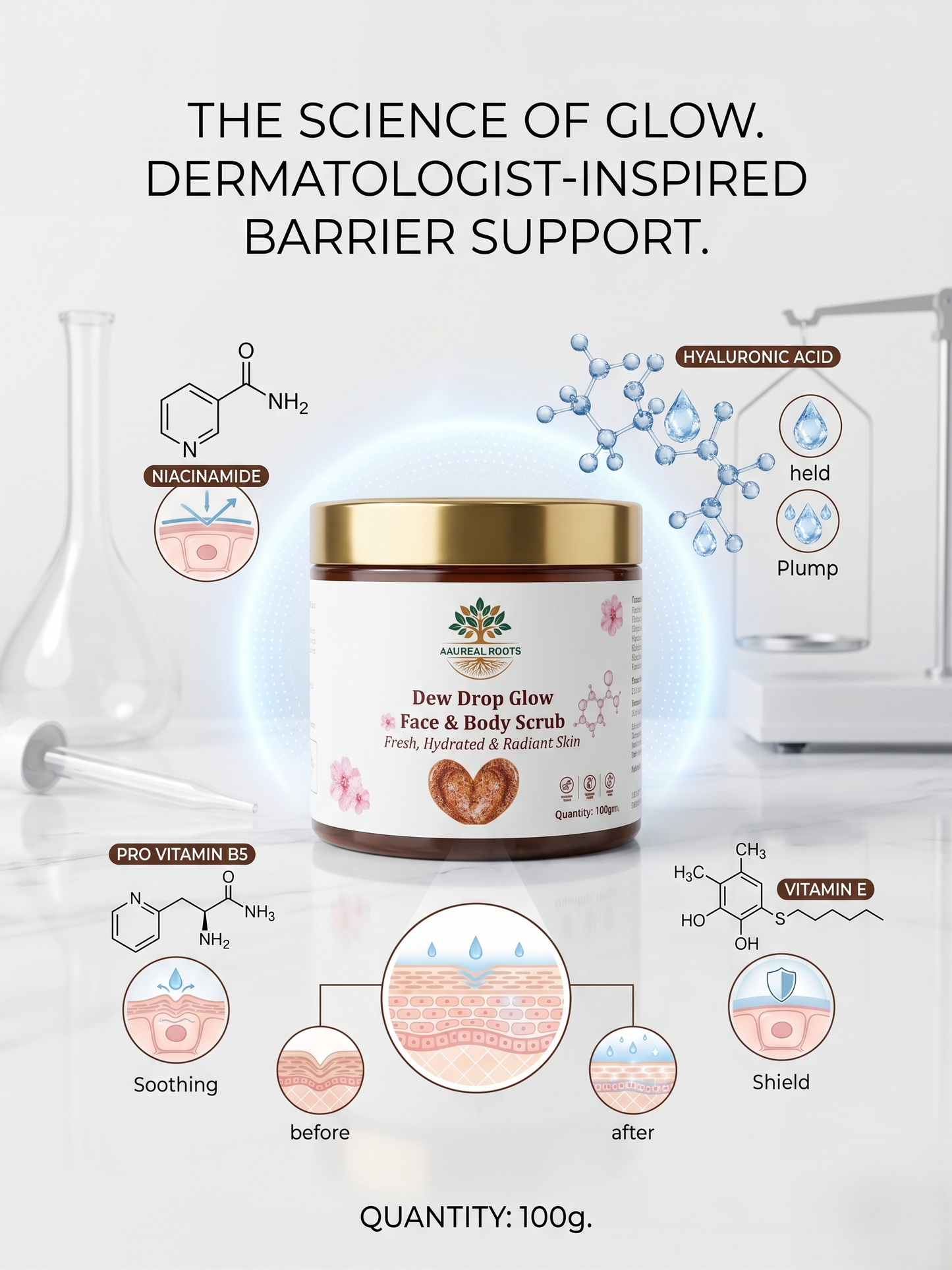 Aaureal Roots Dew Drop Glow Face & Body Scrub – Glass Glow Exfoliating Scrub with Niacinamide, Rice Bran, Hyaluronic Acid & Gotu Kola