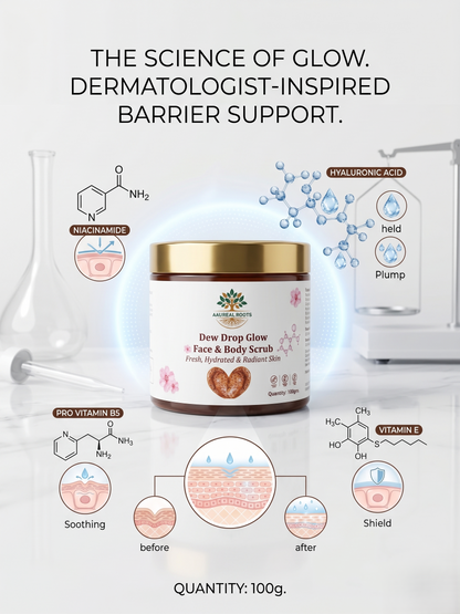 Aaureal Roots Dew Drop Glow Face & Body Scrub – Glass Glow Exfoliating Scrub with Niacinamide, Rice Bran, Hyaluronic Acid & Gotu Kola