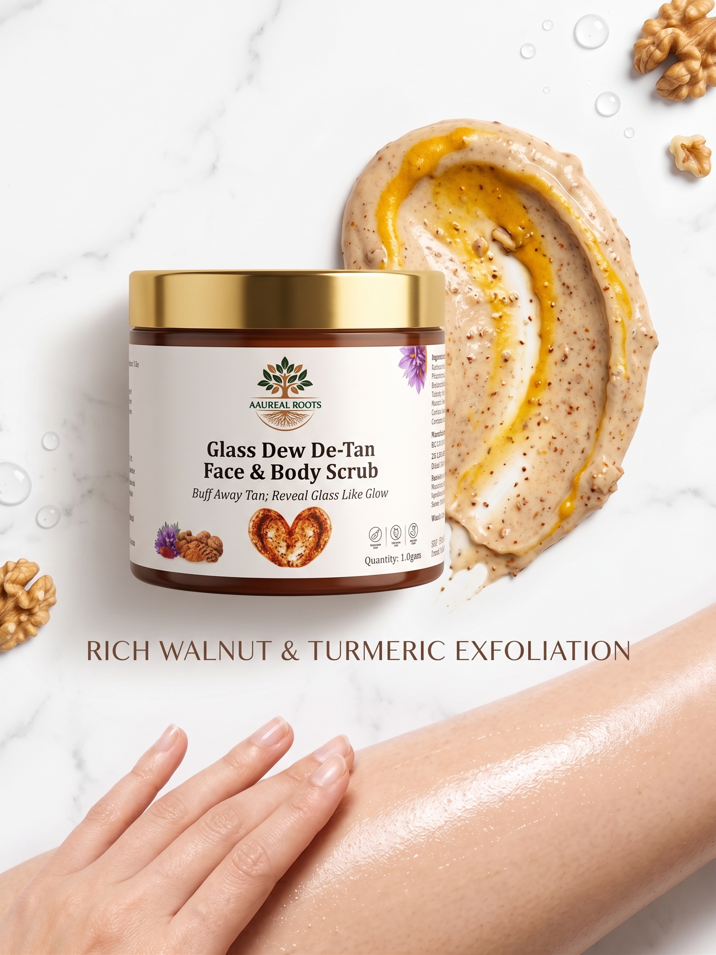 Aaureal Roots Glass Dew De-Tan Face & Body Scrub – Brightening Walnut Scrub with Niacinamide & Turmeric