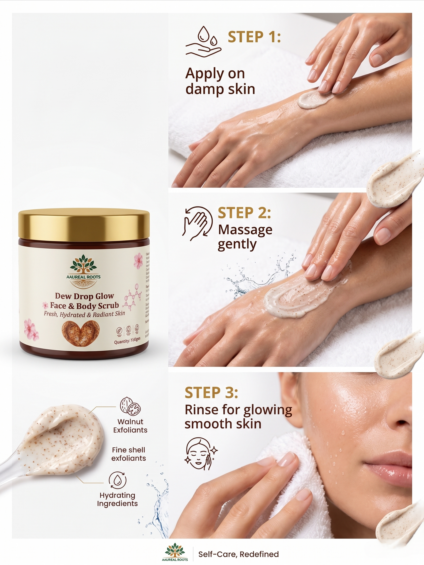 Aaureal Roots Dew Drop Glow Face & Body Scrub – Glass Glow Exfoliating Scrub with Niacinamide, Rice Bran, Hyaluronic Acid & Gotu Kola