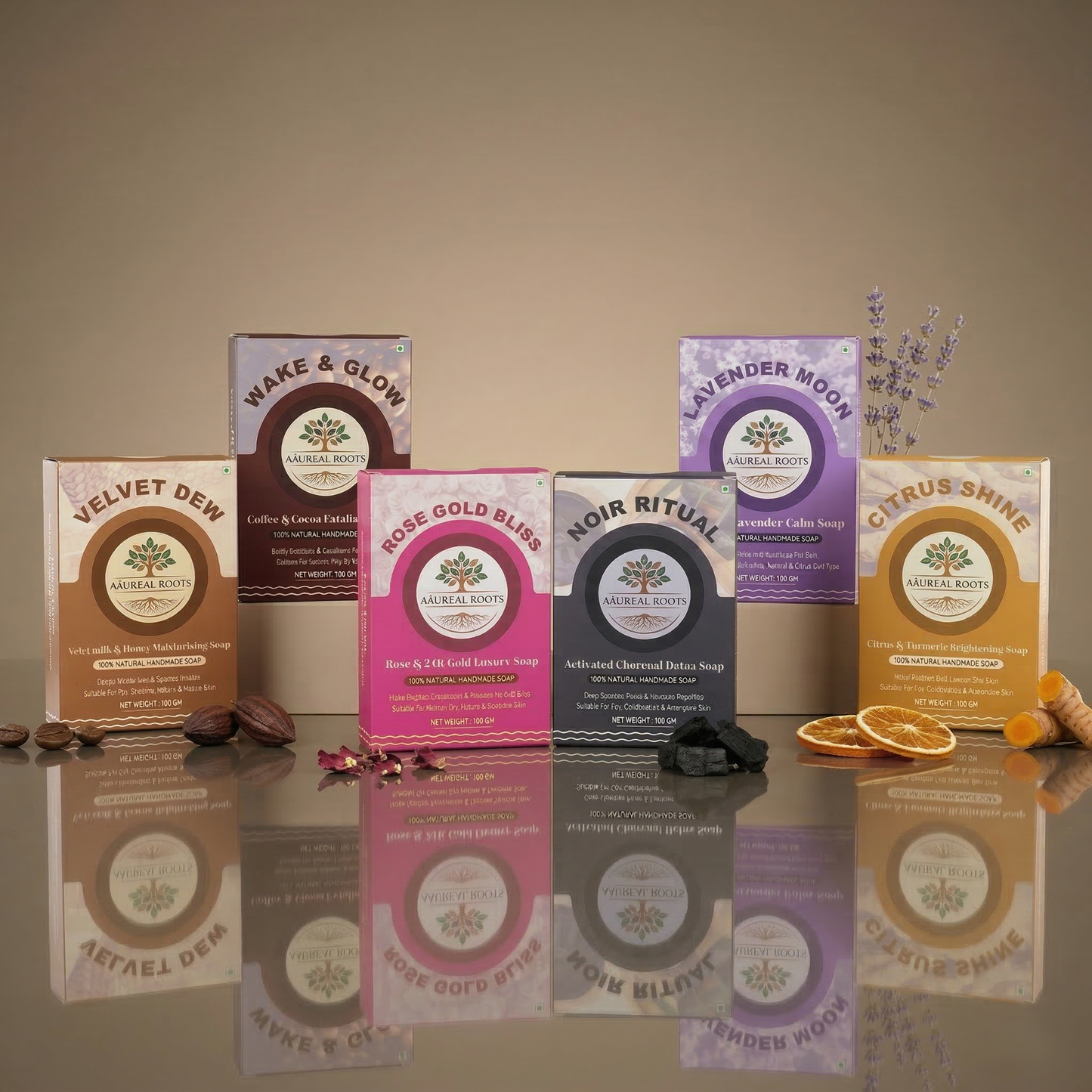 Aaureal Roots Luxury Handmade Soap Combo (6 Bars) – Natural Herbal Bath Soaps with Essential Oils, Moisturizing & Chemical Free Bathing Bar Combo for Men & Women