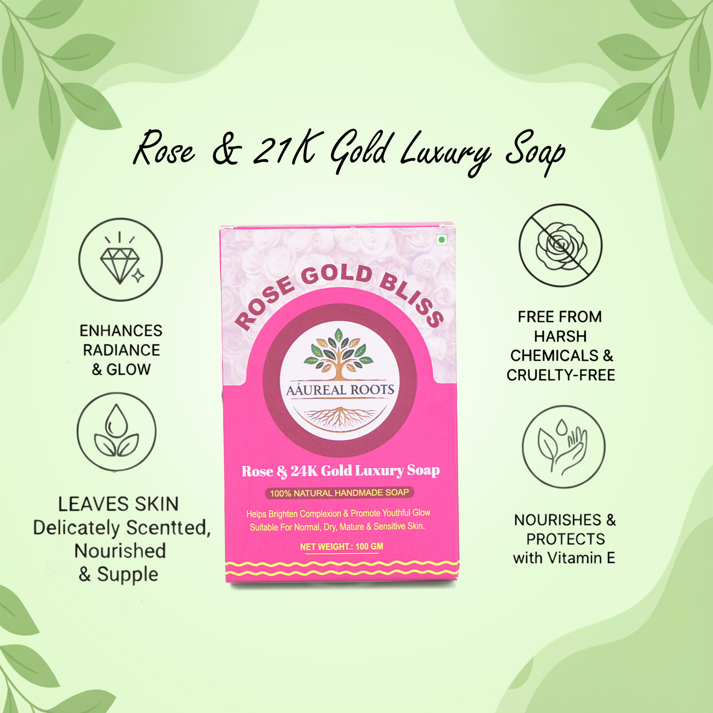 Aaureal Roots Rose Gold Bliss – Luxury Bathing Soap with Rose & 24K Gold
