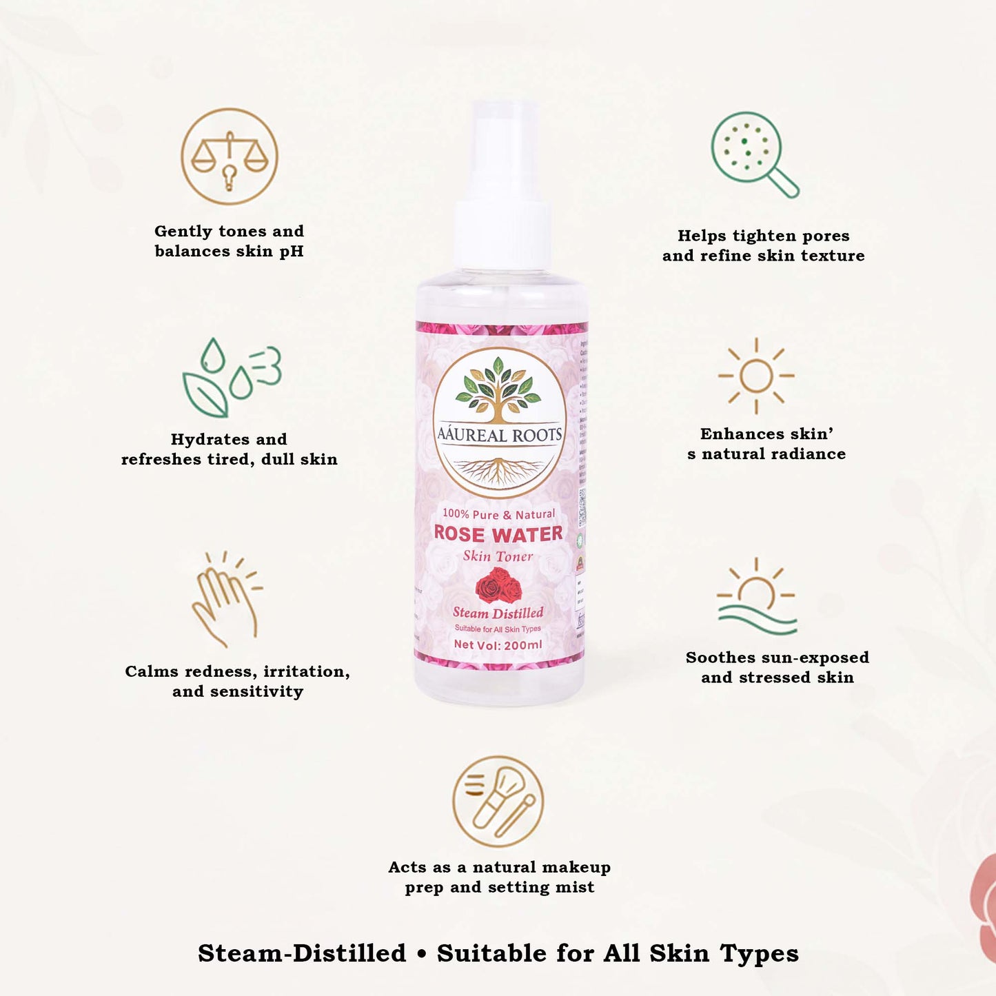 Aaureal Roots Pure Rose Water (Steam-Distilled Facial Mist)