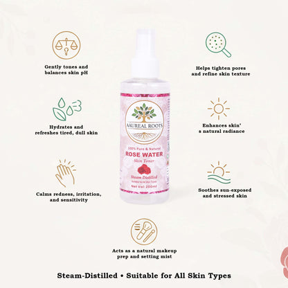 Aaureal Roots Pure Rose Water (Steam-Distilled Facial Mist)