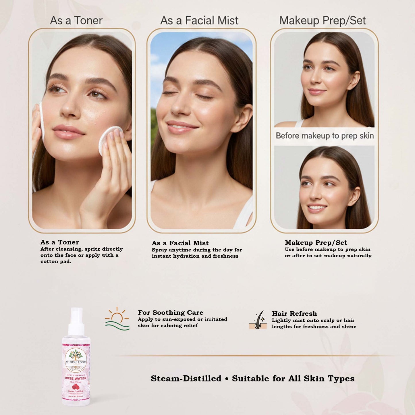 Aaureal Roots Pure Rose Water (Steam-Distilled Facial Mist)