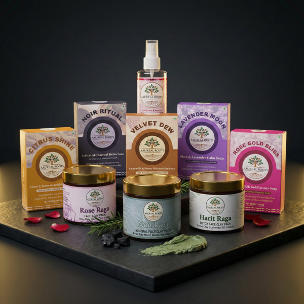 Aaureal Roots Skin Care Ritual  (Handmade Soap + Face Clay Pack + Face Serum+ Rose Water for Face)